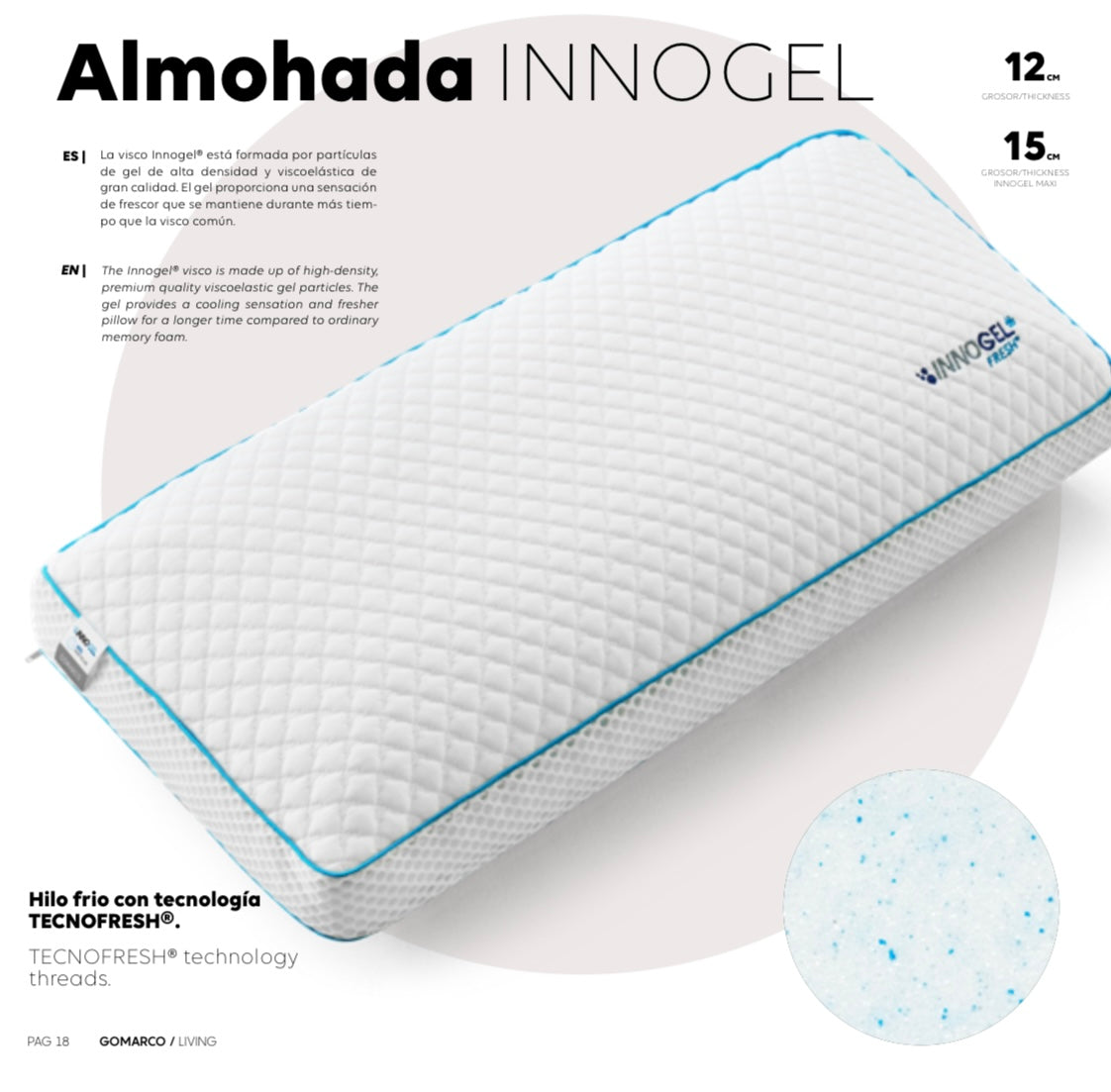 Almohada Innogel® con tecnología TECNOFRESH® - vista lateral y detalle del gel